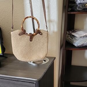 Neutral Straw Shoulder Bag with Bamboo Handles